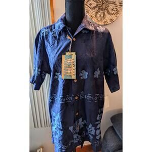 Men's Vintage ME Sport Hawaiian Print Floral Blue SS Tiki Button Shirt Small S